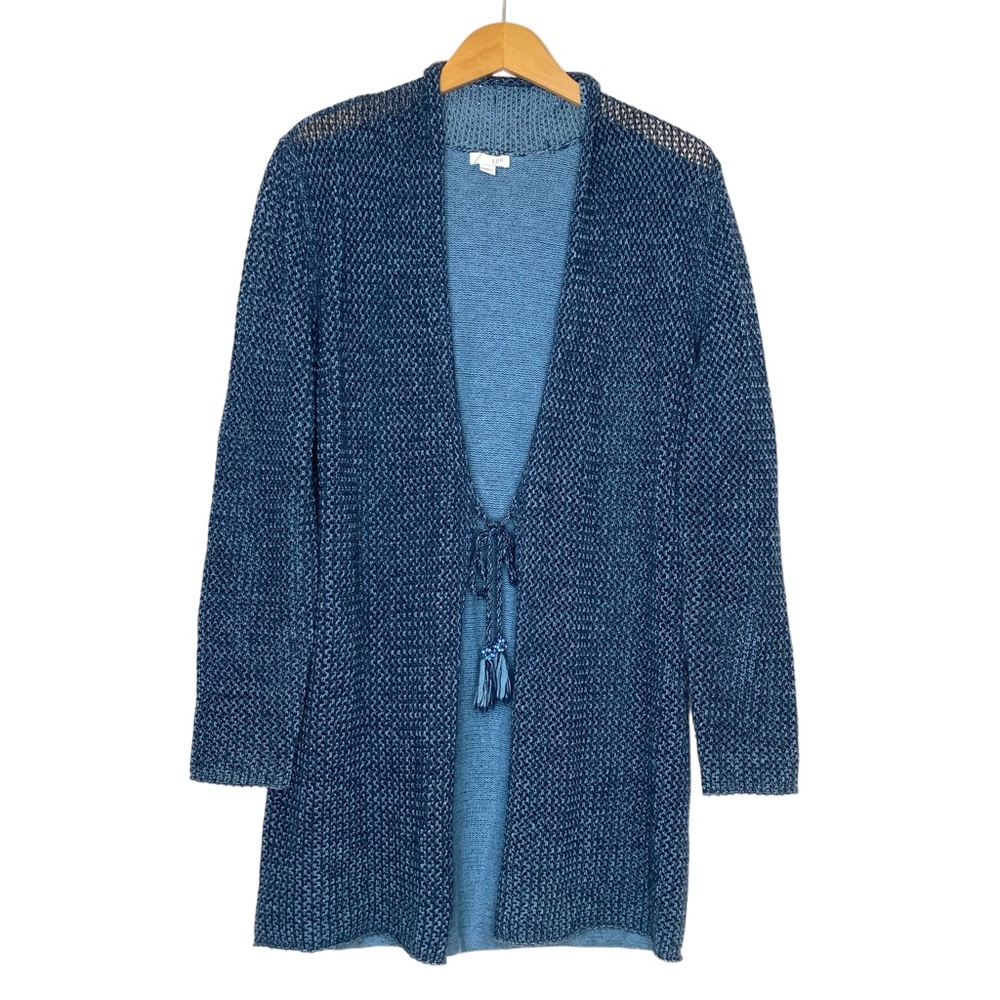 J Jill Women Small Long Cardigan Open Knit Duster Sweater Blue Tassel Wool Blend